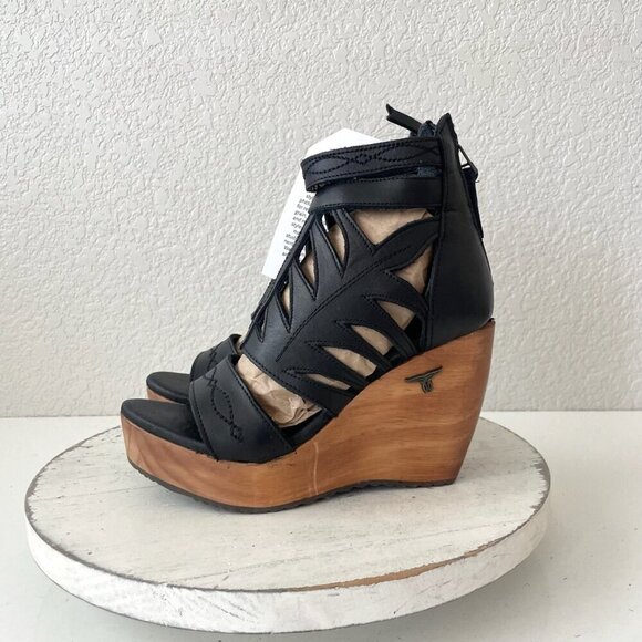 NEW Lane Boots BECCA Womens Black Wedges 5.5 Western Sandals Cowgirl Leather - Picture 4 of 11